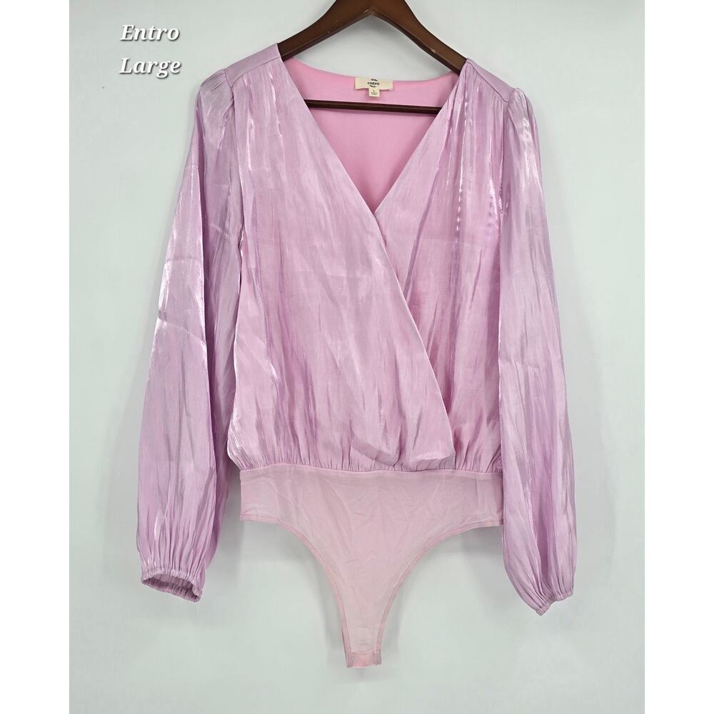 Entro Pink Shimmer Wrap Bodysuit Top L Long Sleeve Fairycore Romantic Summer